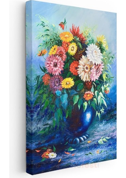 Renkli Papatyalar - Mavi Vazoda Çiçek Aranjmanı Kanvas Tablo modelleri