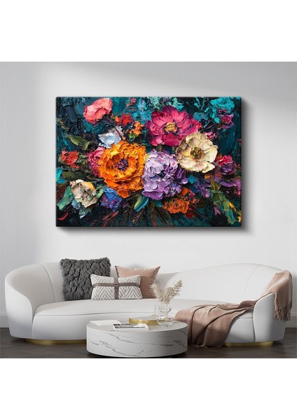 Renkli Çiçek Buketi - Koyu Fonda Yağlı Boya Tekniği Kanvas Tablo