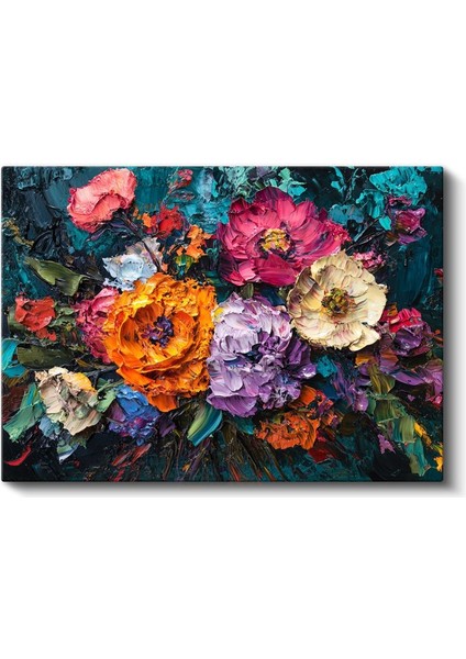 Renkli Çiçek Buketi - Koyu Fonda Yağlı Boya Tekniği Kanvas Tablo fiyatları