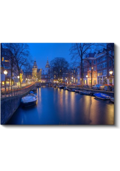 Amsterdam Kanalları - Gece Işıklarında Tarihi Evler Kanvas Tablo fiyatları