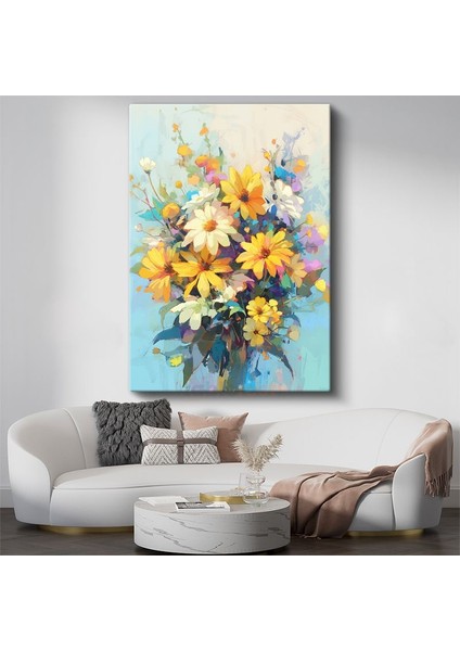 Papatya Buketi - Pastel Mavi Fon Yağlı Boya Kanvas Tablo