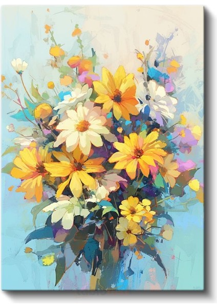 Papatya Buketi - Pastel Mavi Fon Yağlı Boya Kanvas Tablo fiyatları