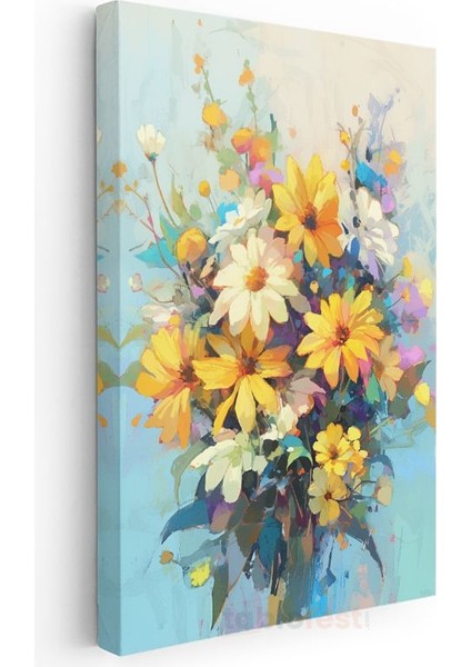 Papatya Buketi - Pastel Mavi Fon Yağlı Boya Kanvas Tablo modelleri