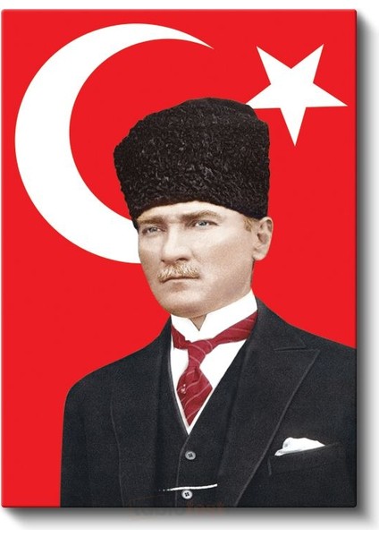 Türk Bayrağı Önünde Atatürk - Kalpaklı Resmi Portre Kanvas Tablo fiyatları