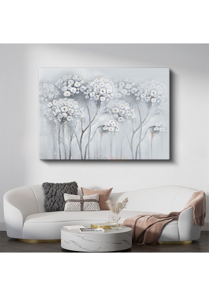 Beyaz Papatyalar - Gri Tonlarda Minimalist Çiçek Buketi Kanvas Tablo