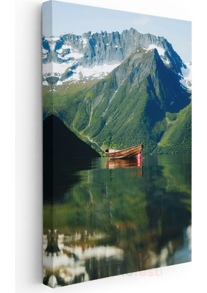 Dağ Gölü - Yalnız Tekne Manzarası Kanvas Tablo modelleri
