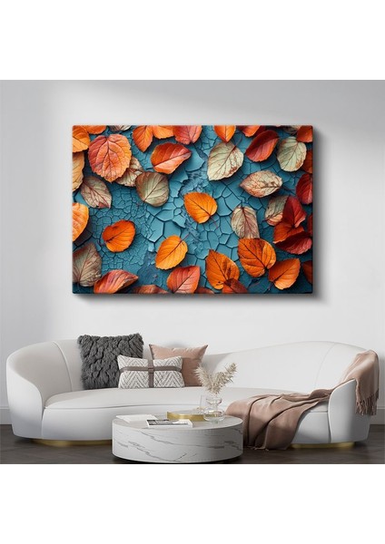 Sonbahar Yaprakları - Çatlaklı Turkuaz Zeminde Turuncu Detaylar Kanvas Tablo