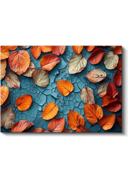 Sonbahar Yaprakları - Çatlaklı Turkuaz Zeminde Turuncu Detaylar Kanvas Tablo fiyatları