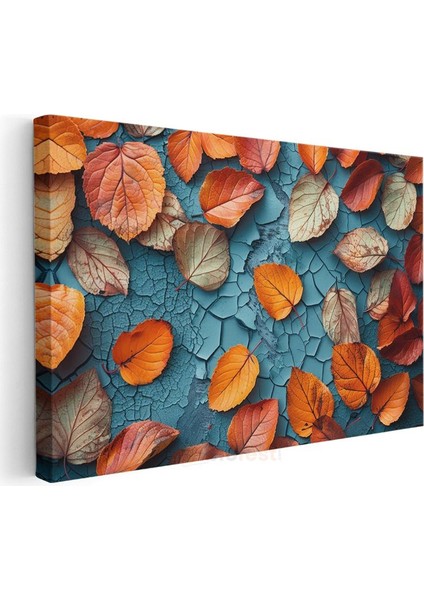 Sonbahar Yaprakları - Çatlaklı Turkuaz Zeminde Turuncu Detaylar Kanvas Tablo modelleri
