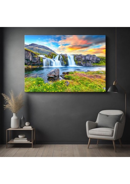 Büyüleyici Şelale - Gün Batımı Dağ Manzarası Kanvas Tablo
