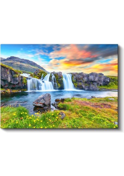 Büyüleyici Şelale - Gün Batımı Dağ Manzarası Kanvas Tablo fiyatları