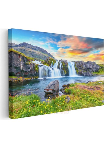 Büyüleyici Şelale - Gün Batımı Dağ Manzarası Kanvas Tablo modelleri