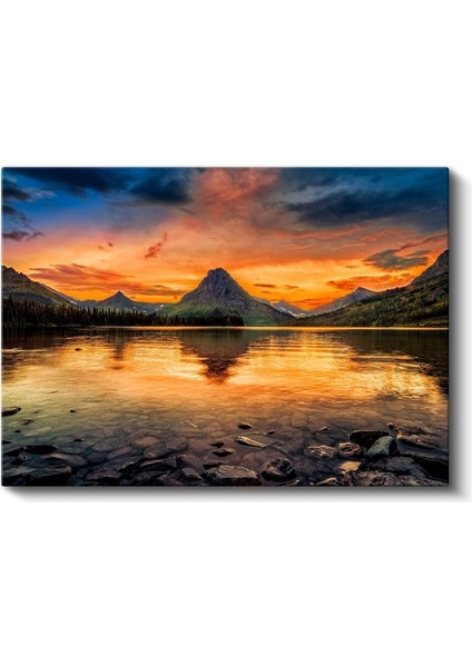 Alev Gökyüzü - Gün Batımında Dağ Silüetli Göl Manzarası Kanvas Tablo fiyatları