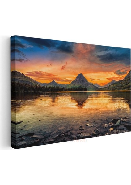Alev Gökyüzü - Gün Batımında Dağ Silüetli Göl Manzarası Kanvas Tablo modelleri