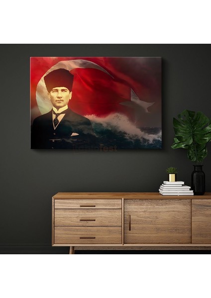 Dalgalı Bayrak - Kalpaklı Atatürk Portresi Kanvas Tablo