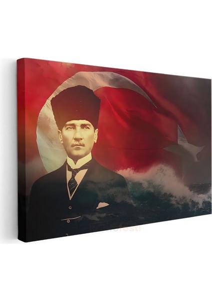 Dalgalı Bayrak - Kalpaklı Atatürk Portresi Kanvas Tablo modelleri