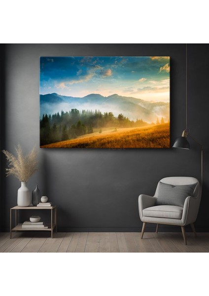 Altın Şafak - Sisli Dağlar ve Çam Ormanları Manzarası Kanvas Tablo