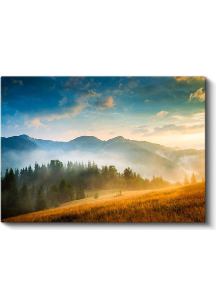 Altın Şafak - Sisli Dağlar ve Çam Ormanları Manzarası Kanvas Tablo fiyatları
