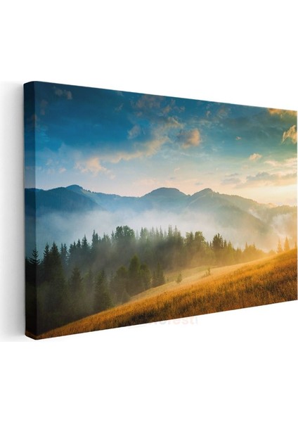 Altın Şafak - Sisli Dağlar ve Çam Ormanları Manzarası Kanvas Tablo modelleri
