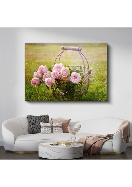 Pembe Güller - Vintage Tel Sepette Buket Kanvas Tablo