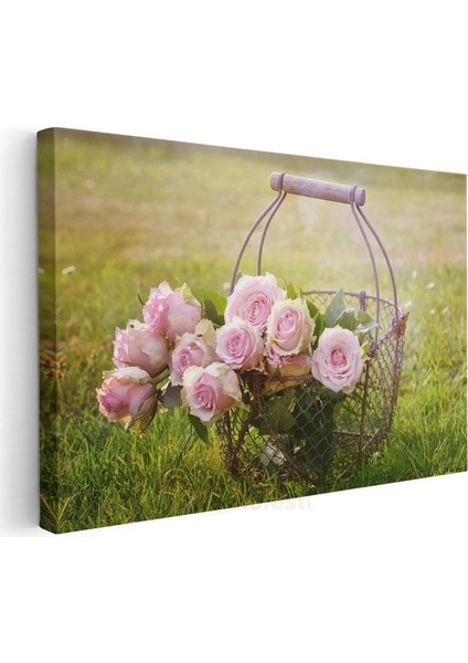 Pembe Güller - Vintage Tel Sepette Buket Kanvas Tablo modelleri