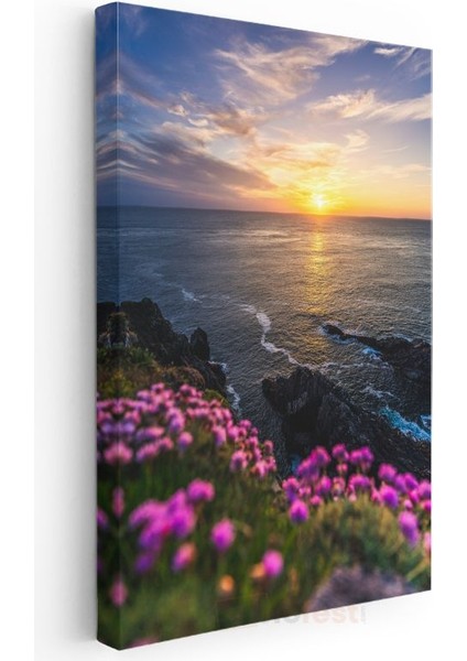 Okyanus Günbatımı - Pembe Çiçekli Sahil Kanvas Tablo modelleri
