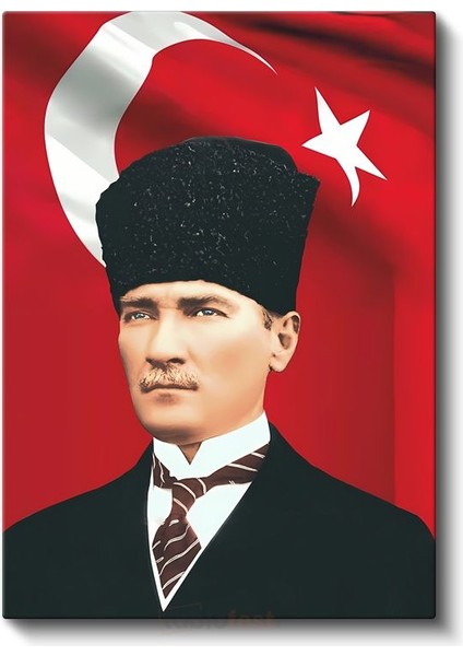Türk Bayrağı Önünde Atatürk - Kalpak ve Resmi Kıyafet Kanvas Tablo fiyatları