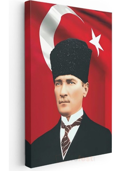 Türk Bayrağı Önünde Atatürk - Kalpak ve Resmi Kıyafet Kanvas Tablo modelleri