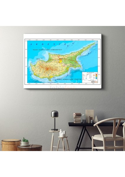 Kıbrıs - Fiziki Haritası Kanvas Tablo