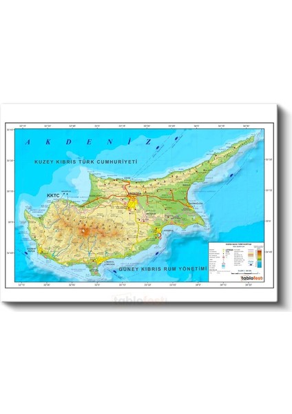 Kıbrıs - Fiziki Haritası Kanvas Tablo fiyatları