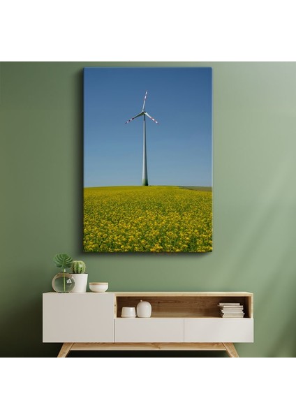 Rüzgar Türbini - Sarı Çiçek Tarlasında Yükselen Enerji Kanvas Tablo