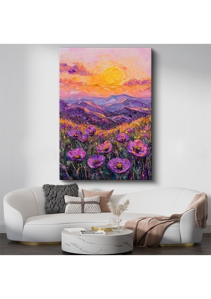 Mor Haşhaş Vadisi - Gün Batımında Dağ Manzarası Kanvas Tablo