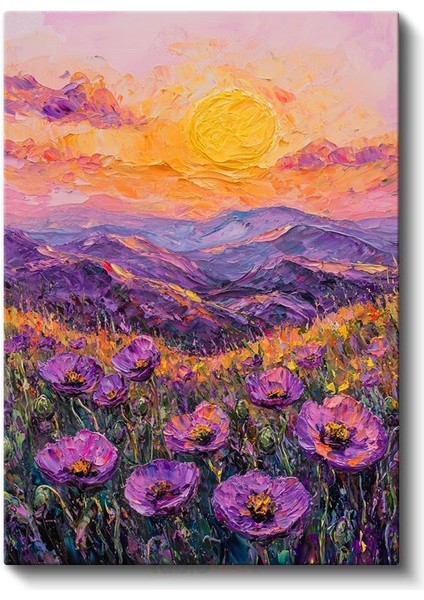 Mor Haşhaş Vadisi - Gün Batımında Dağ Manzarası Kanvas Tablo fiyatları