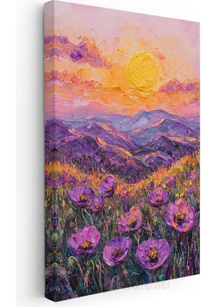 Mor Haşhaş Vadisi - Gün Batımında Dağ Manzarası Kanvas Tablo modelleri