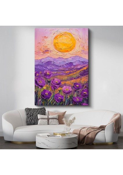 Mor Gelincikler - Impasto Tekniğiyle Gün Doğumu Manzarası Kanvas Tablo