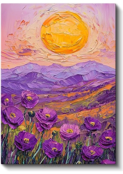 Mor Gelincikler - Impasto Tekniğiyle Gün Doğumu Manzarası Kanvas Tablo fiyatları
