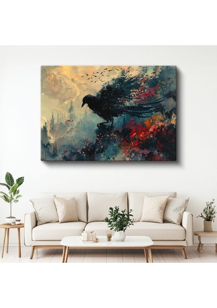 Soyut Kuzgun - Renklerin Kanatlarında Uçan Karanlık Haberci Kanvas Tablo