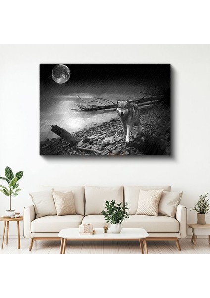 Yalnız Kurt - Dolunay Altında Vahşi Doğada Kanvas Tablo