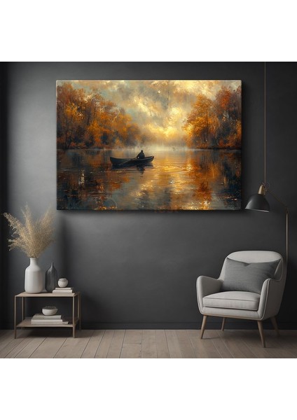 Sonbahar Gölü - Sisli Kayık Yolculuğu Kanvas Tablo