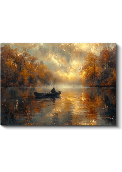 Sonbahar Gölü - Sisli Kayık Yolculuğu Kanvas Tablo fiyatları