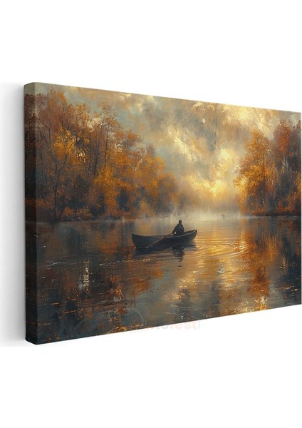 Sonbahar Gölü - Sisli Kayık Yolculuğu Kanvas Tablo modelleri