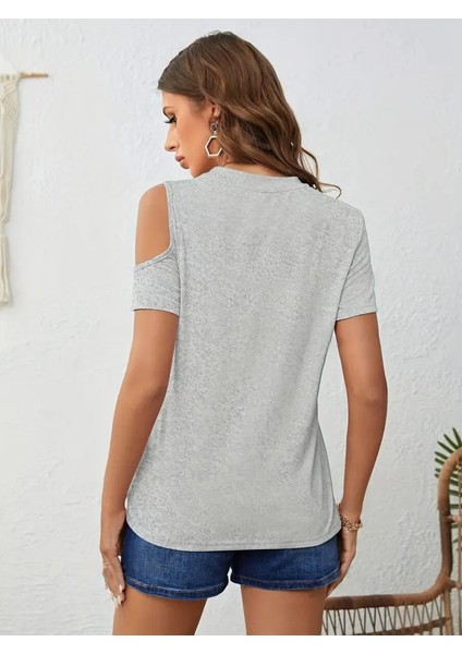 Kadın Kısa Kollu Tek Omuzu Açık Damla Detaylı Viskon Bluz
