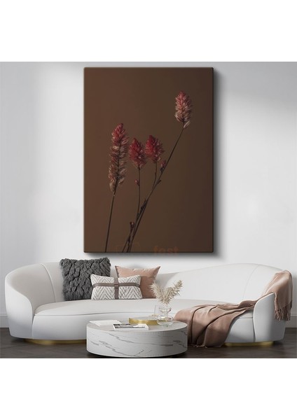 Kızıl Başaklar - Kahverengi Fonda Minimalist Bitki Silueti Kanvas Tablo