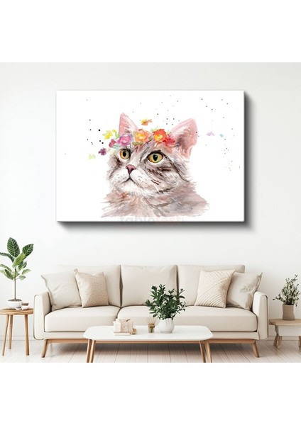 Çiçekli Kedi - Sulu Boya Tarzında Sevimli Dost Kanvas Tablo