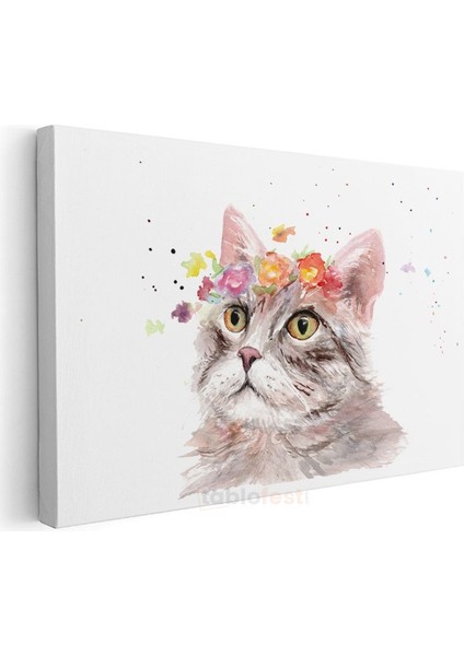 Çiçekli Kedi - Sulu Boya Tarzında Sevimli Dost Kanvas Tablo modelleri