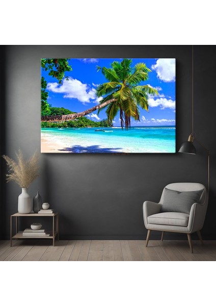 Tropik Cennet - Palmiyeli Turkuaz Sahil Kanvas Tablo
