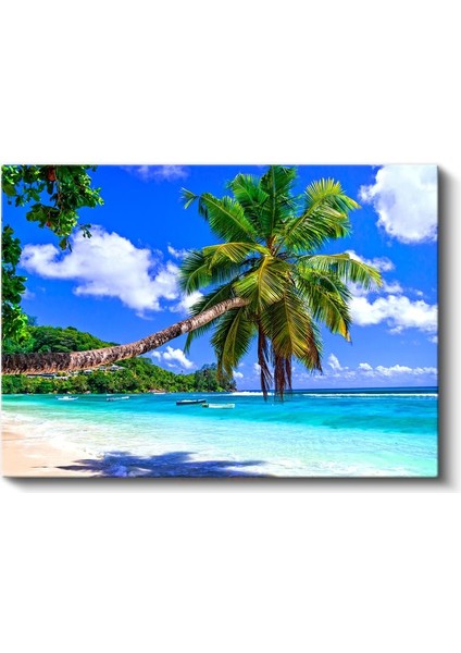 Tropik Cennet - Palmiyeli Turkuaz Sahil Kanvas Tablo fiyatları
