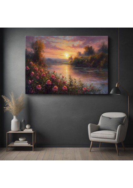 Gül Bahçesi - Altın Gün Batımında Nehir Kıyısı Kanvas Tablo