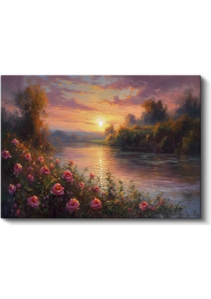 Gül Bahçesi - Altın Gün Batımında Nehir Kıyısı Kanvas Tablo fiyatları