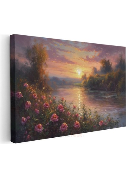 Gül Bahçesi - Altın Gün Batımında Nehir Kıyısı Kanvas Tablo modelleri